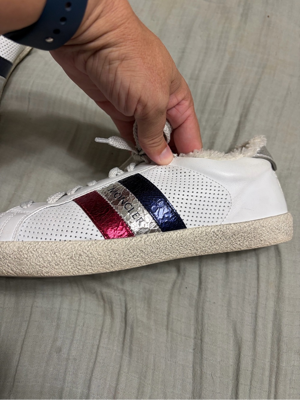 Moncler Ryegrass White Leather Sneaker with Red, Silver & Blue Metallic Stripes